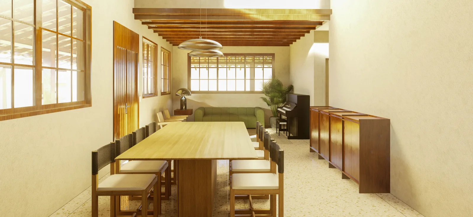 Residência Pampulha, Sala de jantar com mesa longa e iluminação suspensa